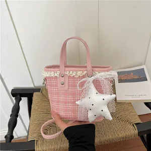 Korean Style Plaid Lace Bucket Bag Women Trendy PU Leather Handbag Casual Shoulder Crossbody Bag With Star Pendant