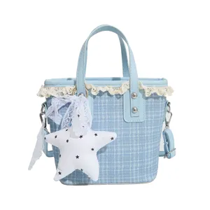 Blue plaid bucket bag with lace trim and star pendant, stylish women's shoulder crossbody bag.