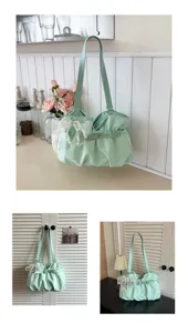 Borsa a tracolla plissettata a pois verde chiaro stile coreano, borsa con fiocco di perle.