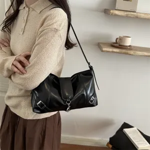 Borsa a tracolla vintage in pelle PU nera da donna, elegante borsa con fibbia.