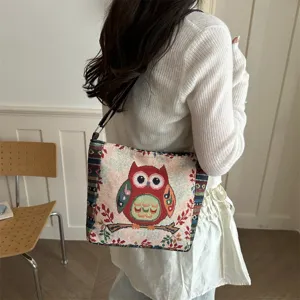 Lässige Canvas bestickte Umhängetasche mit Eulen Muster für Damen, ethnischer Stil Alltag.