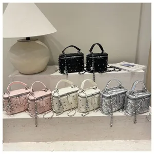 Stylish quilted mini box handbag with chain strap, trendy shoulder cross body bag for women.