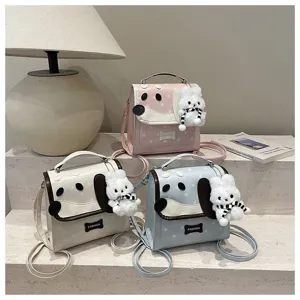 Cute cartoon dog design PU leather mini backpack shoulder bag with plush rabbit pendant