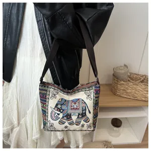Ethnischer Damen Schultertasche Segeltuch bestickte Handtasche Lässige Einkaufstasche