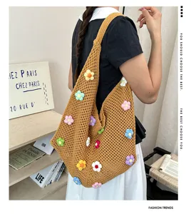 Sac à épaule tricoté pour femme élégant avec fleurs au crochet colorées, fourre-tout décontracté.