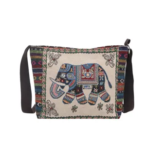 Ethno-Stil bestickte Canvas-Umhängetasche mit Elefanten-Muster und braunem Tragegurt.