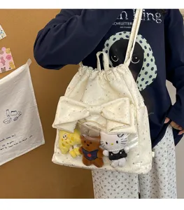 Zaino con coulisse stile coreano con fiocco e tasca trasparente per peluche carini.