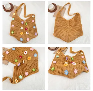 Détail de sac bandoulière en tricot floral crocheté, sac fourre-tout marron texturé gros plan