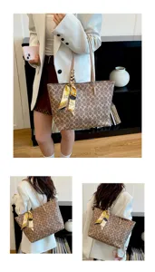Women large capacity tote bag vintage signature monogram shoulder handbag with silk scarf detail