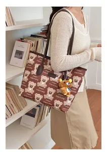 Sac cabas fourre-tout imprimé ours mignon style coréen, grand sac d'épaule avec joli pendentif.