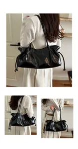 Korean style black shiny slouchy shoulder tote bag, large capacity fashion handbag for women.