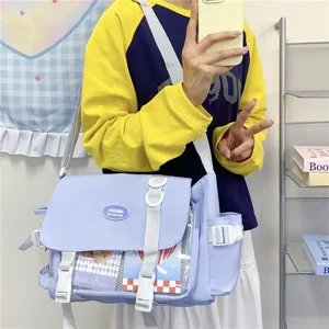 Cute Japanese college style crossbody ita bag, large capacity transparent messenger bag for students.