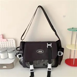 Black Japanese college style messenger bag with transparent window, large capacity student bag.