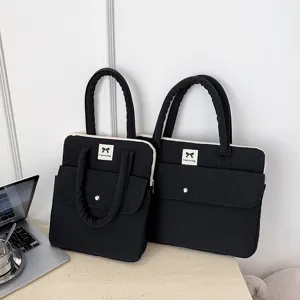 Korean style black padded laptop tote bag 13/15 inch computer sleeve case with front pocket.