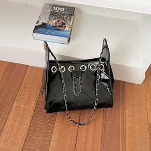 Women's Quilted Chain Bucket Bag Niche Drawstring Design PU Leather Shoulder Underarm Bag For Commuting Daily Fashion Handbag