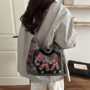 Bunte ethnische bestickte Umhängetasche für Damen, große Stofftasche mit Elefantenmuster.