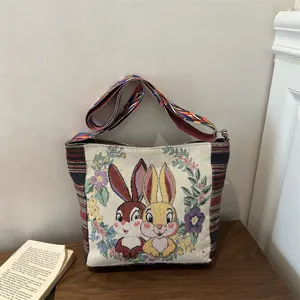 Ethno-Stil Doppelseitig Bestickte Tote Bag Für Damen Große Kapazität Leinwand Schultertasche Mit Buntem Riemen Elefantenmuster