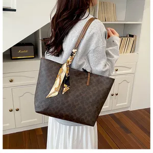 Stylish large capacity women shoulder tote bag with elegant scarf decoration daily use.