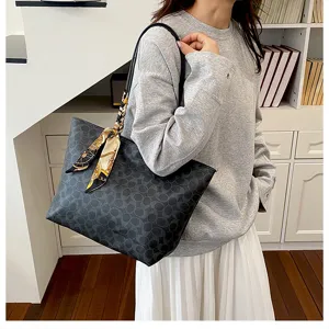 Large capacity women shoulder tote bag with classic pattern and stylish scarf accessory for daily use.