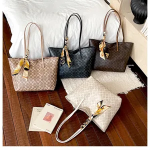 Fashion large capacity women tote bag casual PU leather shoulder bag with scarf decor