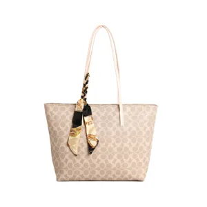 Women's classic signature print tote bag large capacity shoulder handbag with stylish scarf.