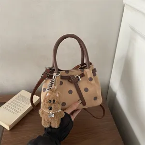 Sac à Main à Pois Style Coréen Sac à Bandoulière Vintage pour Femmes Sac Seau en Tissu à la Mode Avec Breloque en Peluche