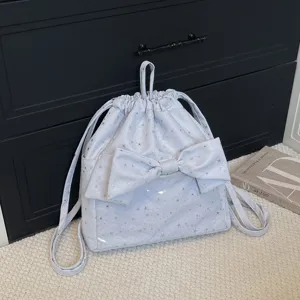 Zaino con Coulisse a Pois e Stelle Stile Coreano Di Nicchia Fiocco Dolce Tasca Trasparente Grande Capacità Leggero Zainetto Scolastico in Poliestere per Adolescenti Donna