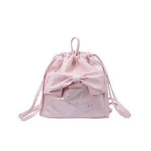 Zaino con coulisse rosa con grazioso fiocco e motivo a stelle, ideale per l'uso quotidiano.