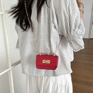 Red tweed crossbody bag with chain strap, stylish small square purse for women summer daily.