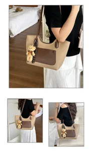 Casual PU leather tote bag for women large capacity shoulder bag with cute bear pendant retro design