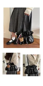 Black pleated shoulder bag for women, PU leather tote purse with cute bear charm and ribbon.