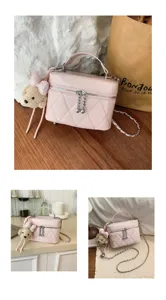 Pink quilted vanity shoulder bag with cute bear charm chic crossbody bag for women