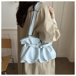 Women light blue pleated shoulder bag casual commuter tote bag trendy PU leather handbag