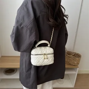 Mini quilted crossbody bag for women, chic white shoulder handbag with chain strap and handle.