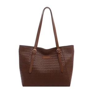 Elegante bolso tote de cuero trenzado marrón para mujer, gran bolso de hombro para diario.
