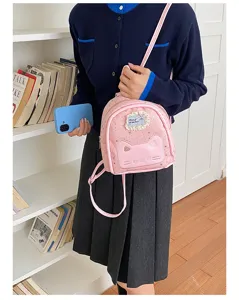 Cute pink mini cat backpack with lace patch and straps, perfect for daily fashion student use.