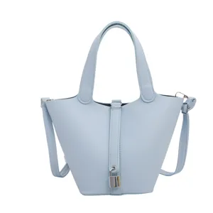 Light blue PU leather bucket handbag with padlock, classic top handle tote bag for women main