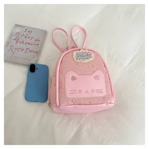 Pink kawaii cat ear mini backpack detail, cute star print and lace patch, stylish casual bag.
