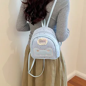 Cute light blue mini backpack with cat embroidery and star pattern for daily casual wear.