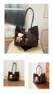 Borsa tote grande capacità donna retro, borsa a spalla in pelle PU con orsetto carino.