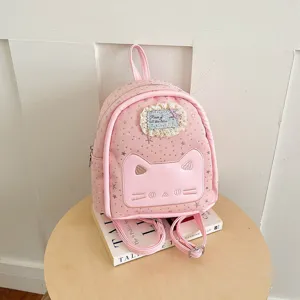 Cute pink cat ear backpack detail view, featuring star patterns and sweet lace patch decor.