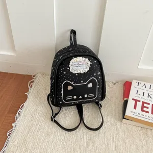Cute Cartoon Cat Embroidered Small Backpack For Women Star Printed Streetwear Casual School Daypack