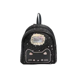 Cute black star print mini backpack for women with cat face design and lace patch.