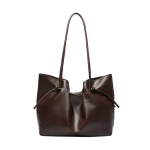 Women brown leather tote bag stylish retro commuter shoulder bag large capacity casual handbag