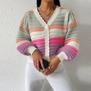 Women's Casual Colorblock Striped V-Neck Lantern Sleeve Knitted Cardigan Autumn Winter Long Sleeve Sweater Outerwear