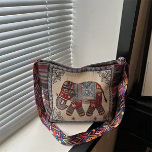 Ethno Stil Elefant bestickte Leinwand Umhängetasche große Kapazität lässige Tasche.