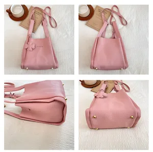 Pink litchi pattern bucket bag stylish handbag casual shoulder crossbody bag for women