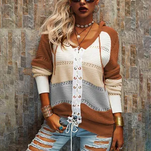 Detailed view of the stylish women's colorblock knit hoodie with front lace-up design.