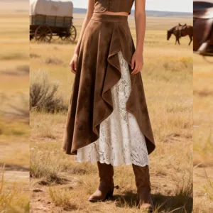 Vintage Western Stil Wildleder-Spitze-Patchwork langer Rock, unregelmäßiger Saum, chic.