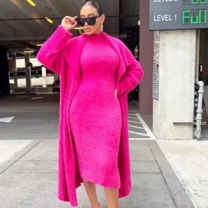 Γυναικείο Winter Casual Cardigan Coat And Long Sleeve Dress Two Piece Set Fleece Knitted Outfits With Belt